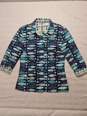 Tizzie Fish Print Button Up Shirt Size M Navy Teal Cotton Blend Coastal Nautical